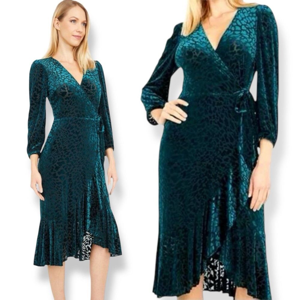 Calvin Klein Burnout Velvet Midi Dress Size 6 Leopard Print Faux‎ Wrap Ruffles